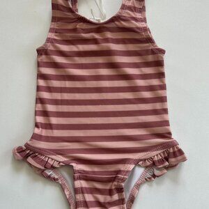 Kate Quinn Baby One Piece Swimsuit 6-12M Ruffle Leg Pink Stripes UPF 50+ NWT